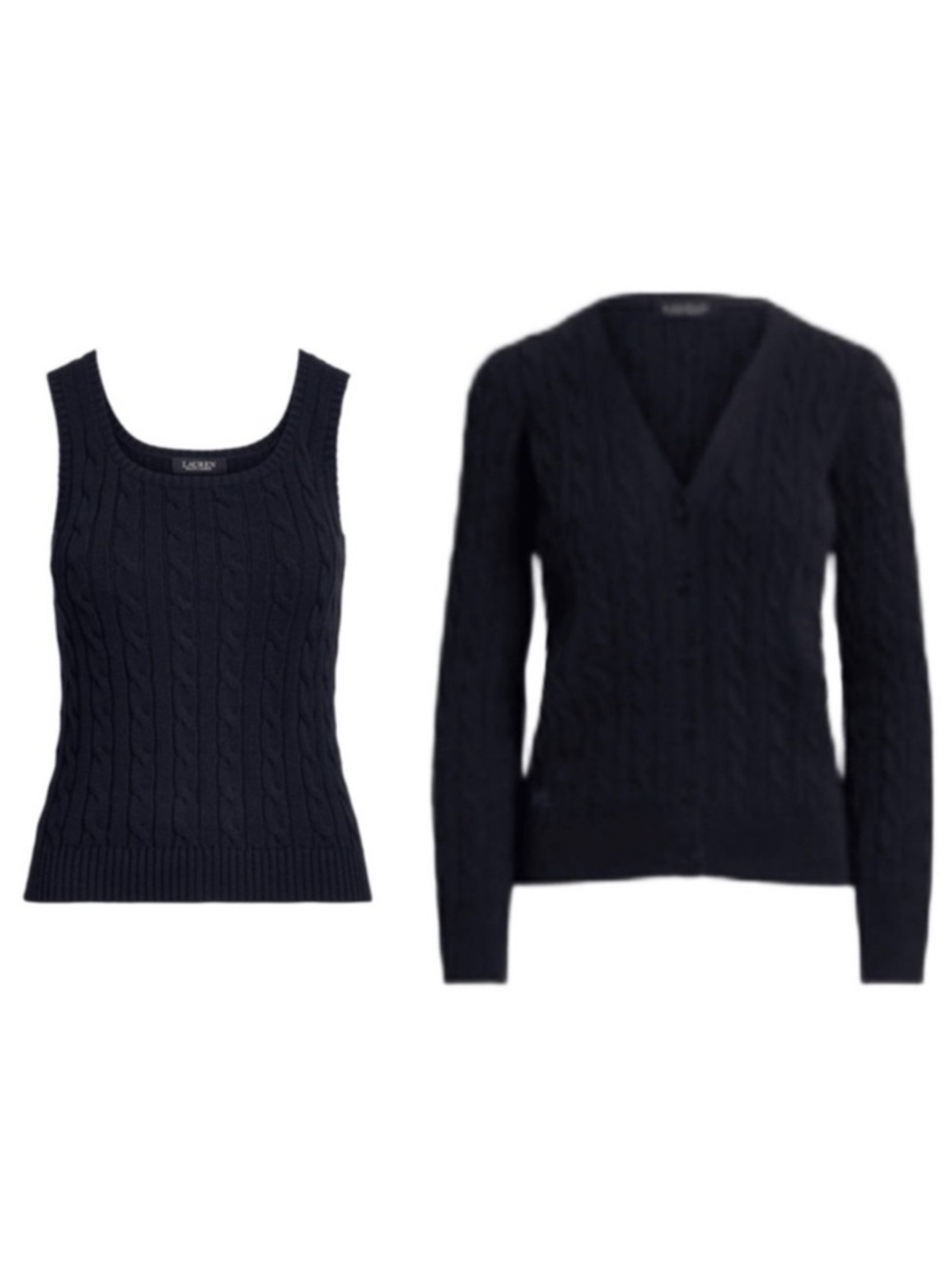 LAUREN RALPH LAUREN 100% Cotton Navy Cable-Knit Sleeveless Top + Cardigan Set